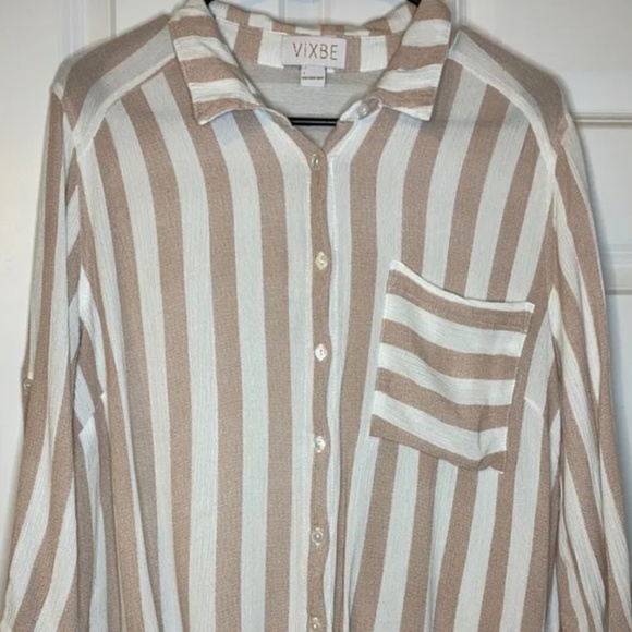 VIXBE Striped Tie Front Button Up Shirt Large Roll Tab Sleeves Dusty Rose Pink - Picture 1 of 7